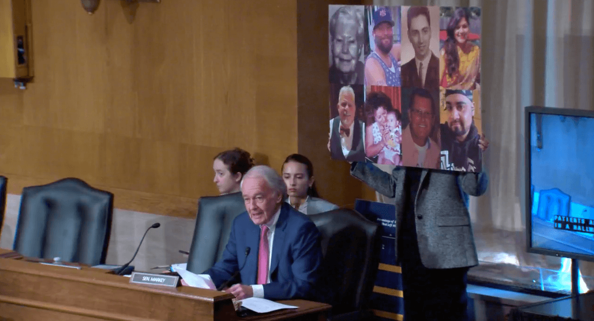 Sen. Edward J. Markey (D-Massachusetts) displayed a poster with portraits of patients who died at Steward Health Care hospitals in Massachusetts in a Sept. 12, 2024, hearing of the Senate Committee on Health, Education, Labor & Pensions. This image was taken from the committee's hearing webcast.